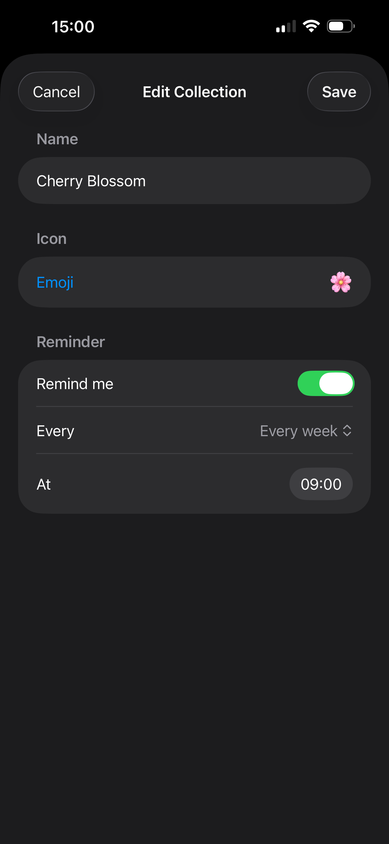 Reminders screen